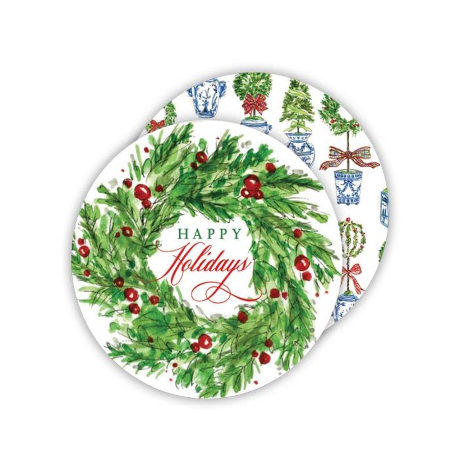 Seasonal Rosanne Beck | Holiday Wreath/Traditional Holiday Topiary Pattern Paper Coasters