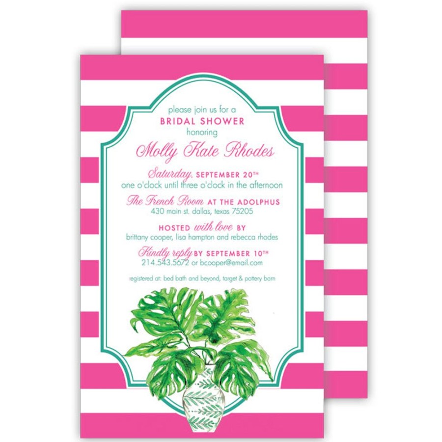 Invitations Rosanne Beck | Potted Palm Seafoam With Pink Stripe Large Flat Invitation