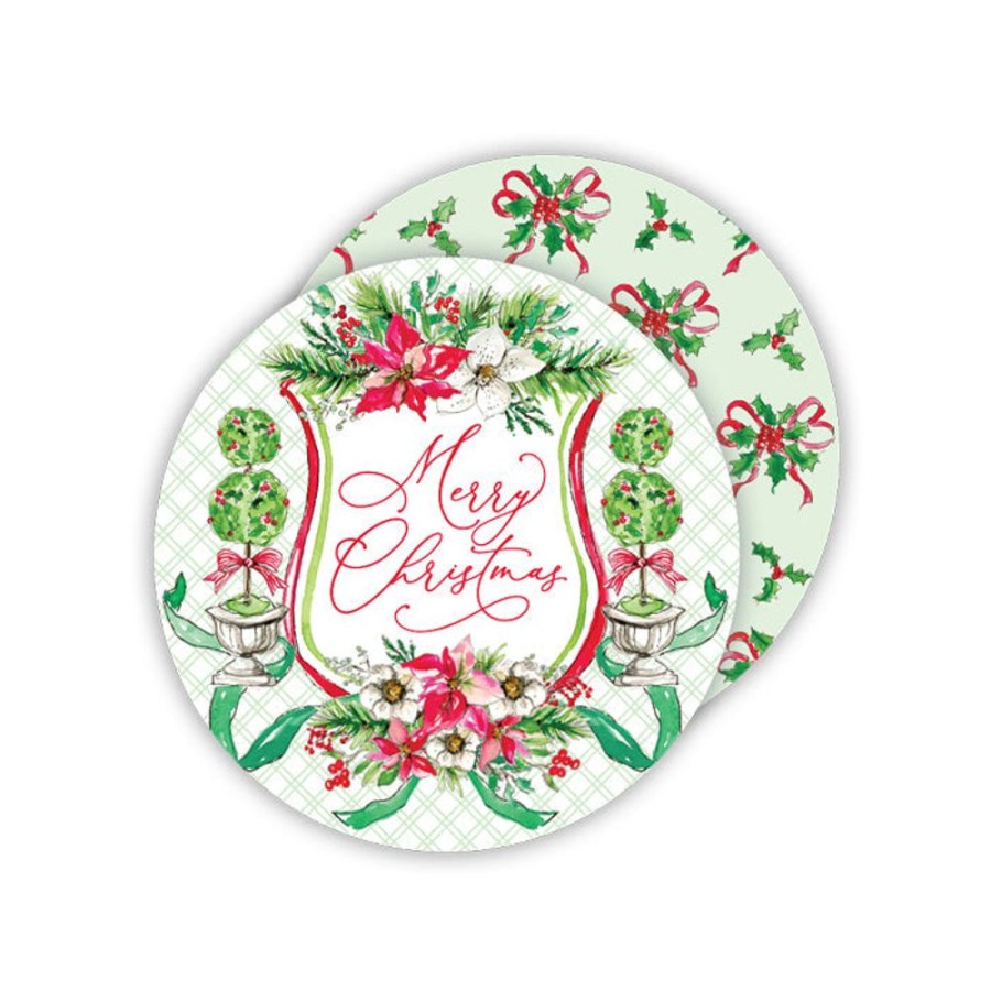 Seasonal Rosanne Beck | Merry Christmas Holiday Crest Paper Coasters