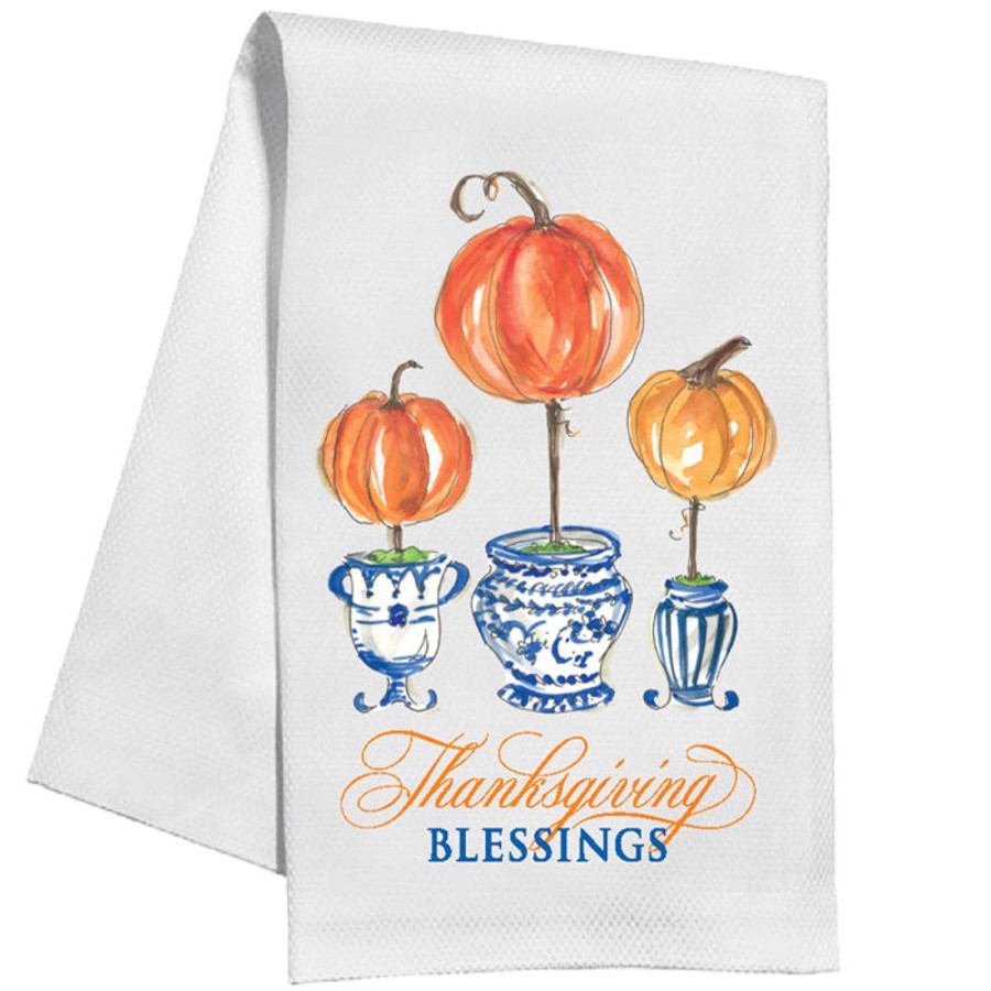 Invitations Rosanne Beck | Thanksgiving Blessings Pumpkin Topiaries Kitchen Towel