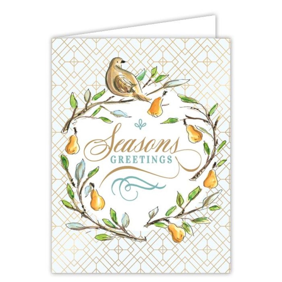 Seasonal Rosanne Beck | Season'S Greetings Handpainted Turtle Dove And Pears Wreath Greeting Card