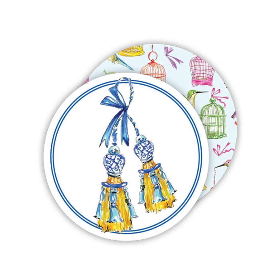 Home & Entertaining Rosanne Beck | Handpainted Blue And Gold Elegant Tassels Round Coasters