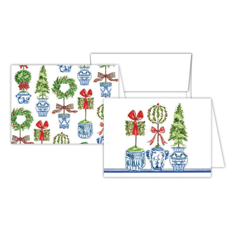 Invitations Rosanne Beck | Holiday Topiary Trio-Assorted Holiday Topiaries In Blue Pots Stationery Note