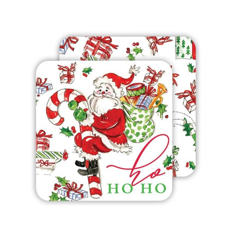 Seasonal Rosanne Beck | Ho Ho Ho Merry Christmas Santa With Candy Cane/Handpainted Packages Paper Coasters