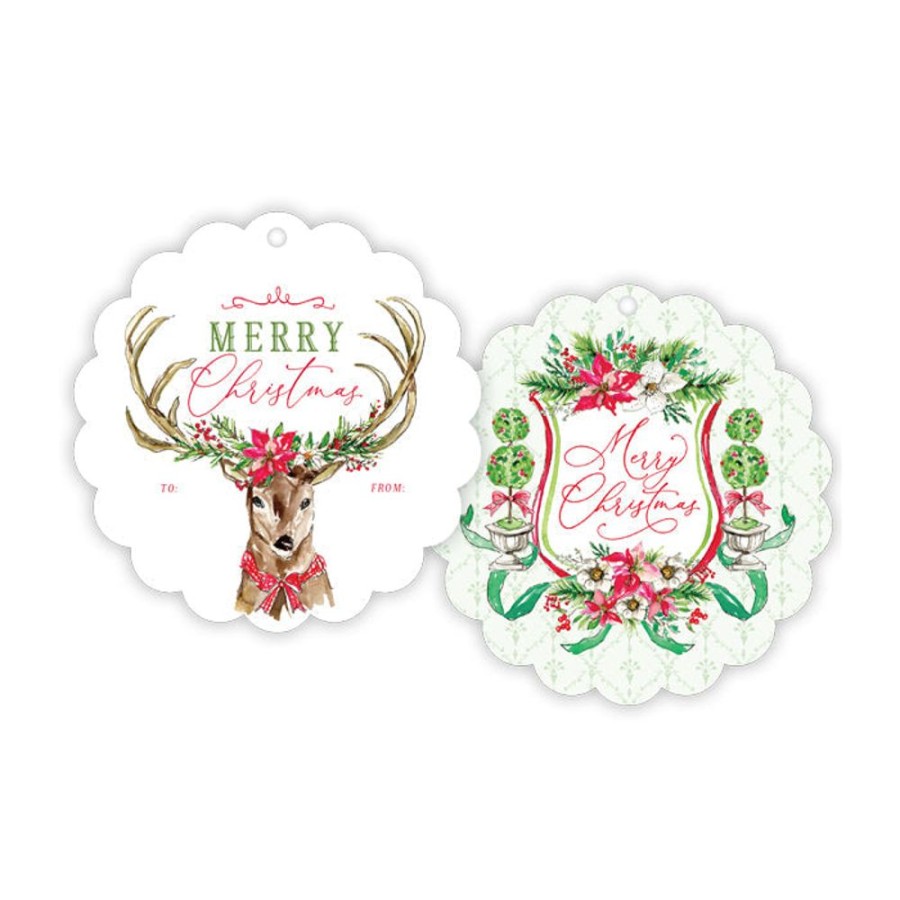 Seasonal Rosanne Beck | Vintage Deer With Holly Garland Scalloped Gift Tags