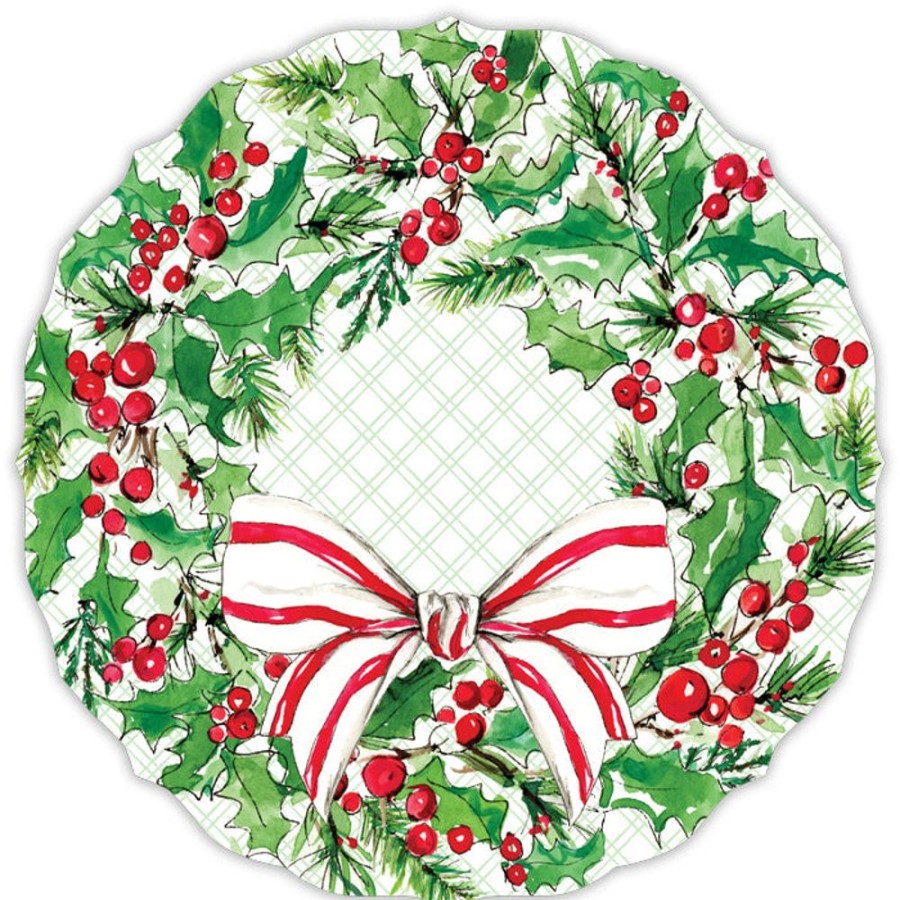 Seasonal Rosanne Beck | Holly Wreath With Bow Posh Die-Cut Placemats