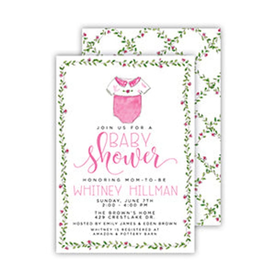 Invitations Rosanne Beck | Handpainted Onesie Pink, Greenery Border Medium Flat Invitation