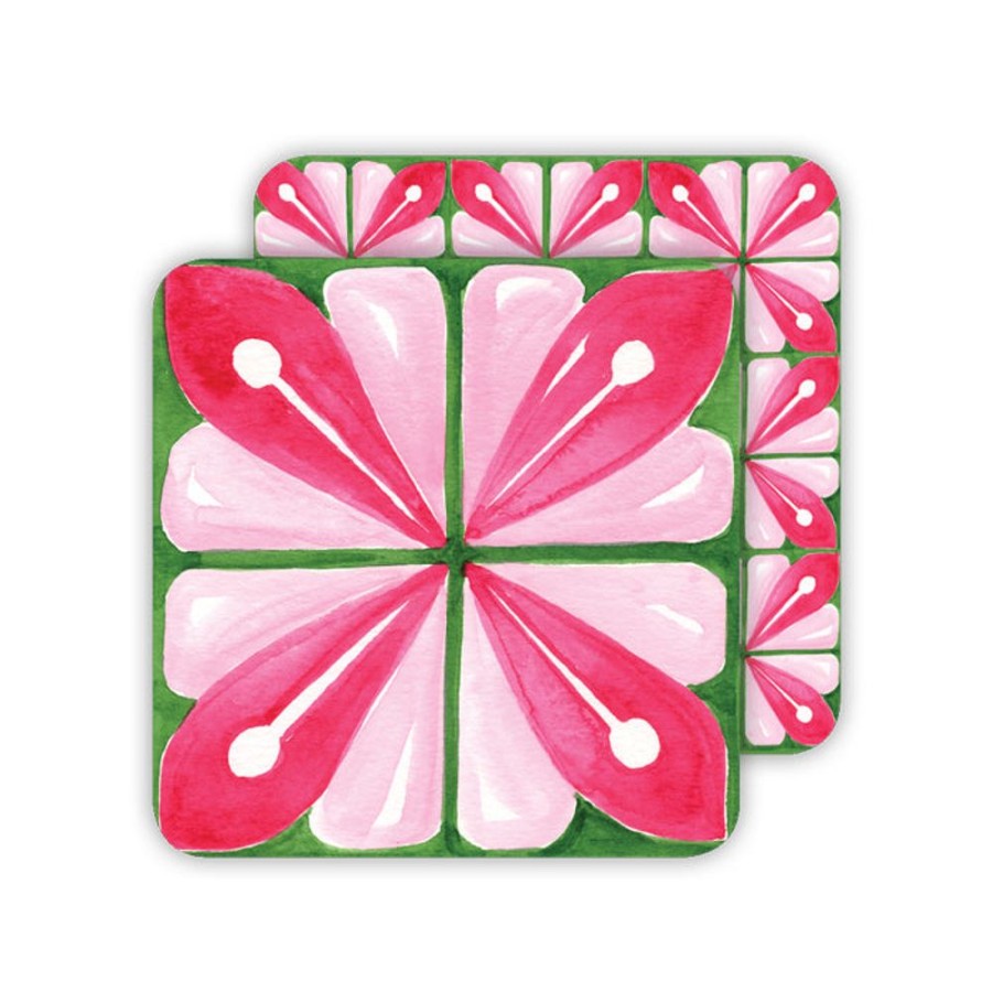 Home & Entertaining Rosanne Beck | Handpainted Tiles Pink And Green Paper Coasters