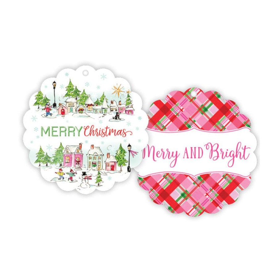 Seasonal Rosanne Beck | Pink Snowy Village Scalloped Gift Tags