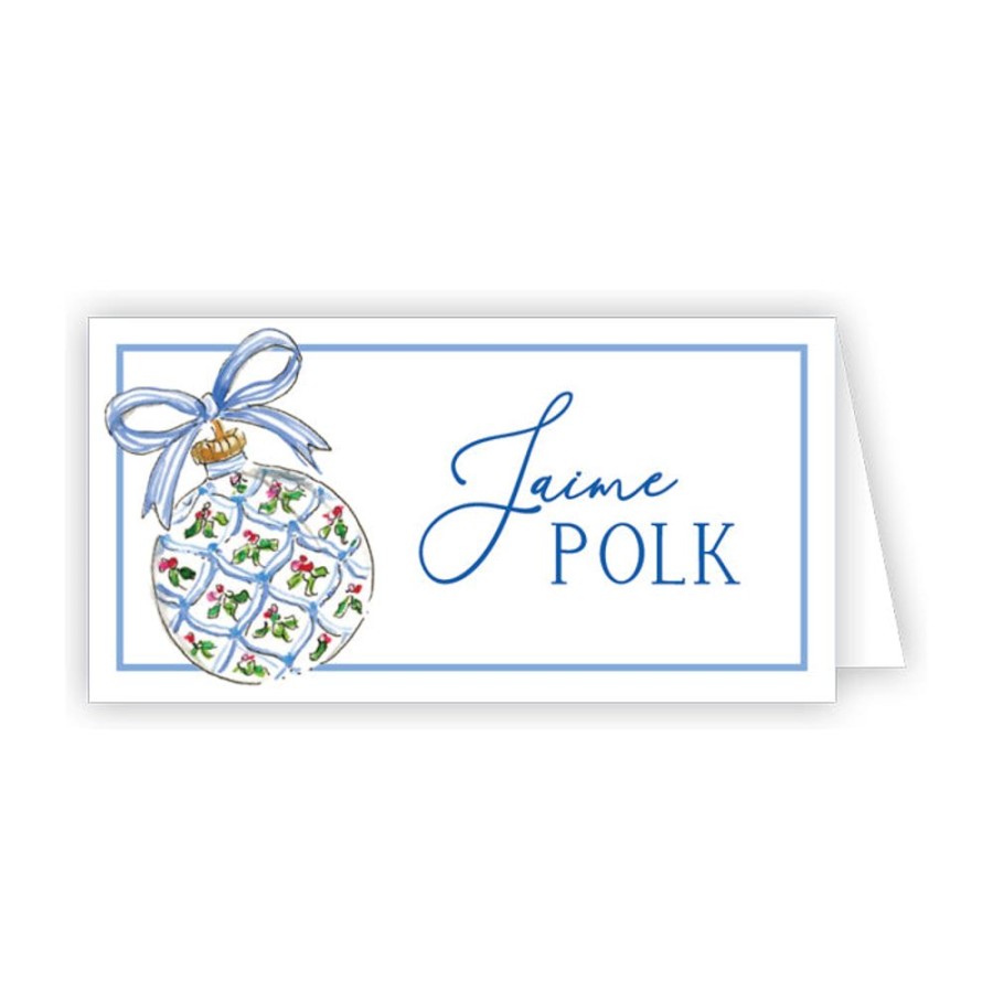 Seasonal Rosanne Beck | Blue Scallop Holly Berry Pattern Ornament Place Card