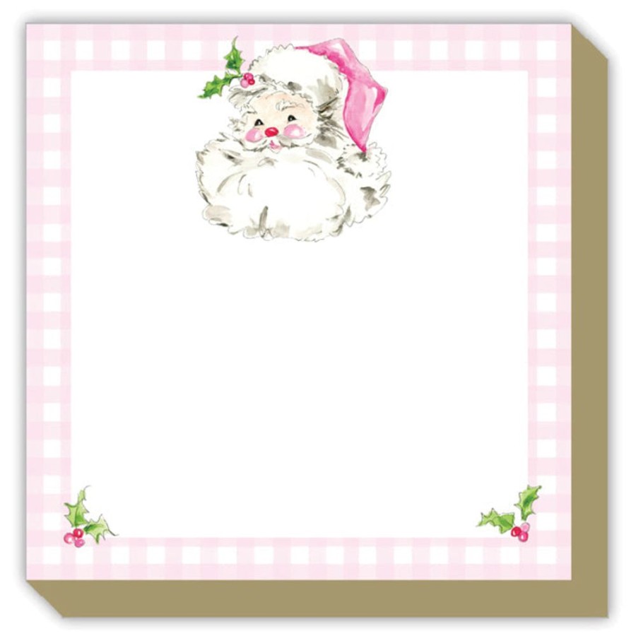 Seasonal Rosanne Beck | Pink Santa With Gingham Border Luxe Notepad