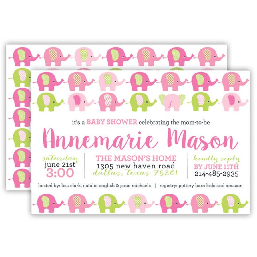 Invitations Rosanne Beck | Pink And Green Elephants Large Flat Invitation