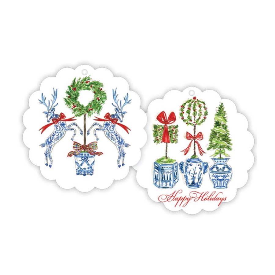 Seasonal Rosanne Beck | Holiday Reindeer With Topiary Wreath Scalloped Gift Tags