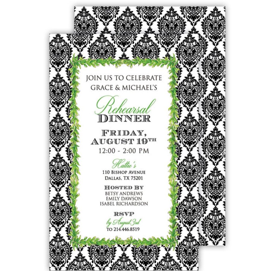 Invitations Rosanne Beck | Black Damask With Greenery Large Flat Invitation