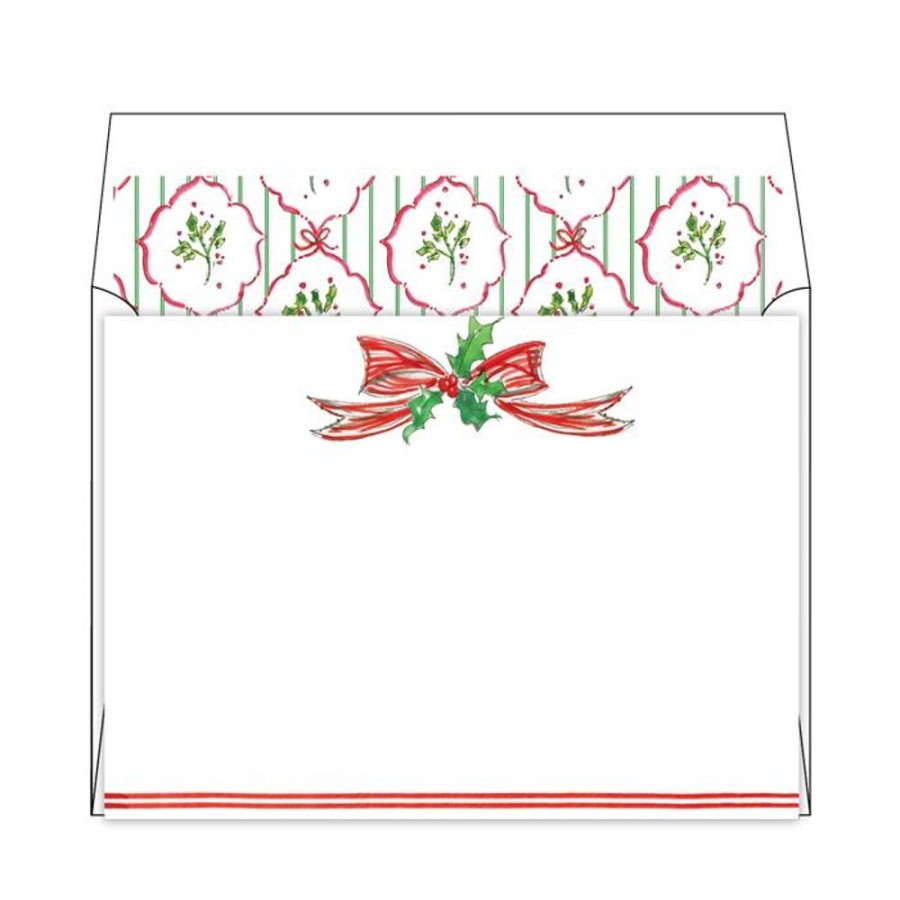 Seasonal Rosanne Beck | Handpainted Red Bow With Holly Flat Note Stationery