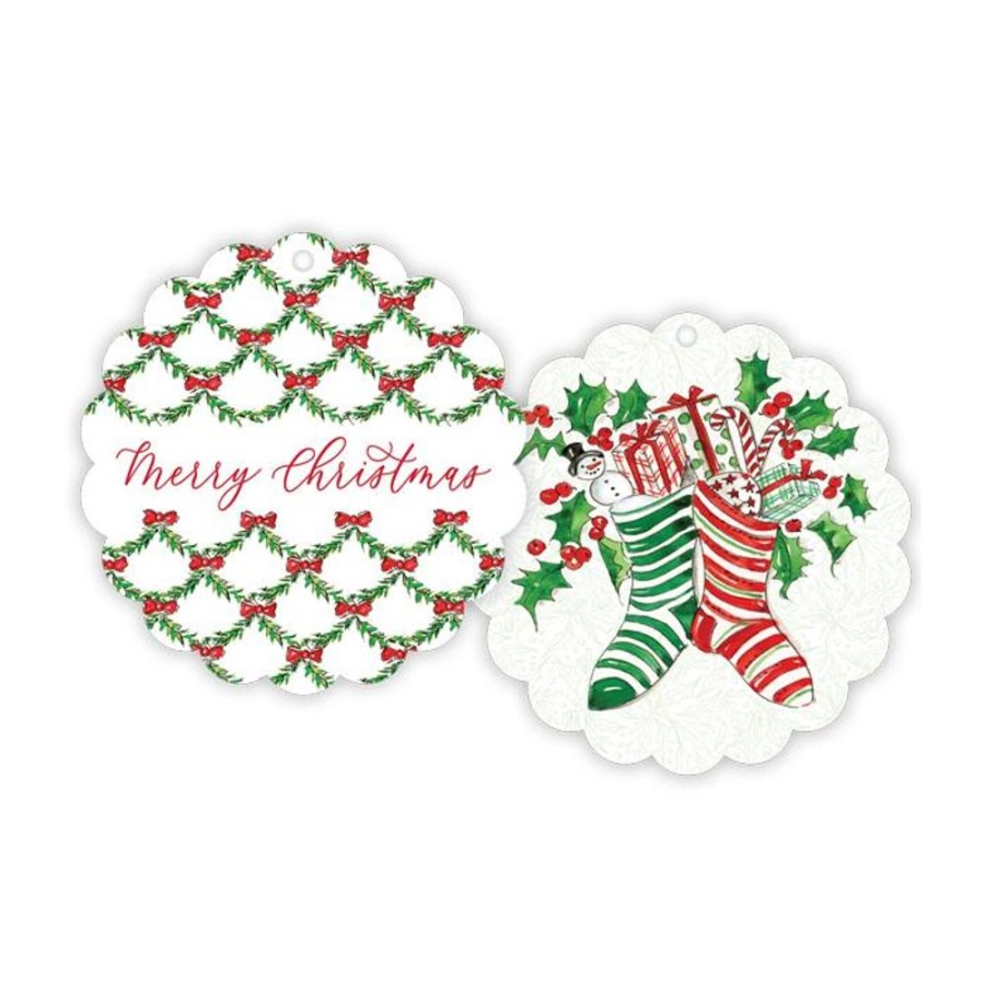 Invitations Rosanne Beck | Handpainted Stockings With Presents/Merry Christmas Holly Lattice Scalloped Gift Tags