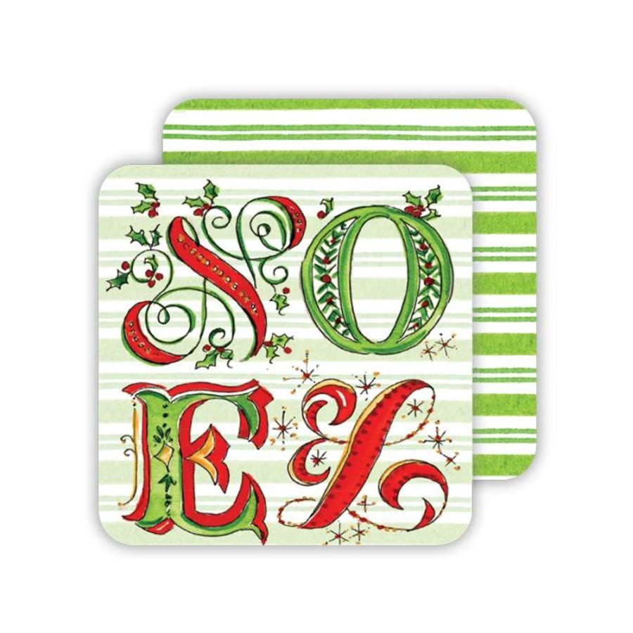 Seasonal Rosanne Beck | Noel With Holly/Green And White Stripes Paper Coasters