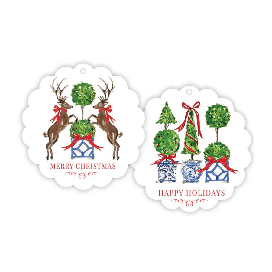 Seasonal Rosanne Beck | Christmas Animal Duo Topiary Trio Scalloped Gift Tags