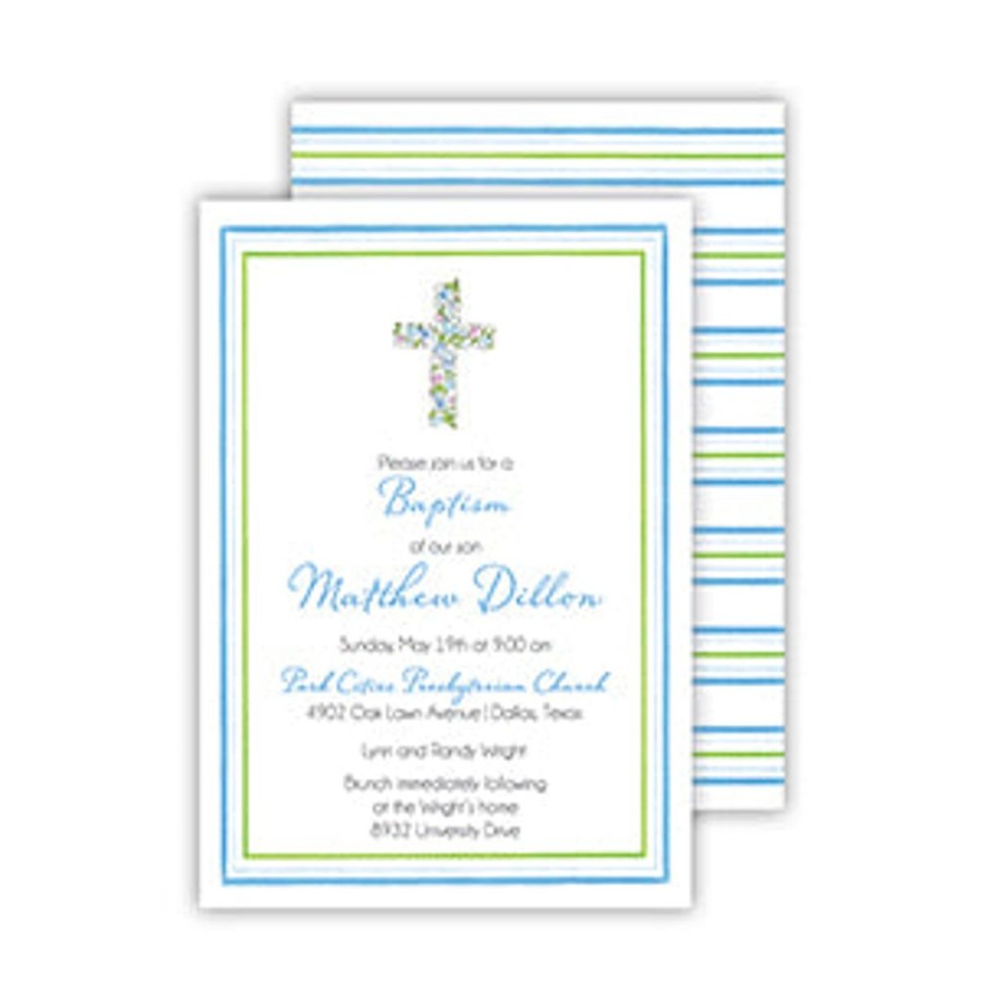 Invitations Rosanne Beck | Floral Cross Blue Medium Flat Invitation