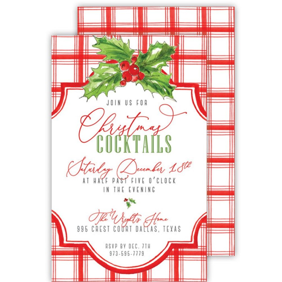 Invitations Rosanne Beck | Red Plaid With Holly Large Flat Invitation