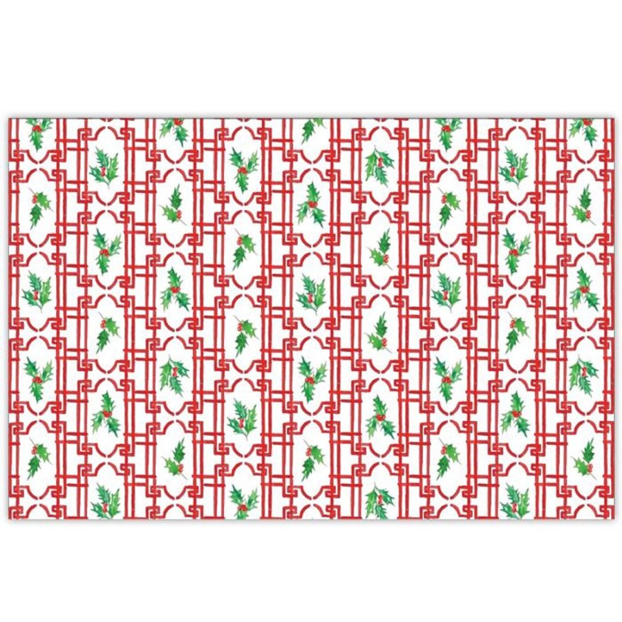 Seasonal Rosanne Beck | Handpainted Red Trellis With Holly Placemat