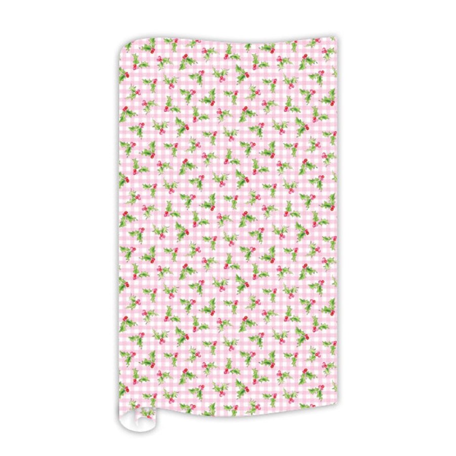 Seasonal Rosanne Beck | Pink Holly And Gingham Pattern Wrapping Paper