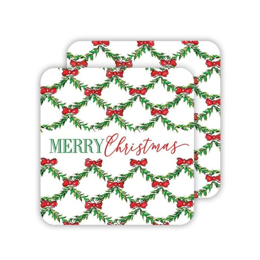 Seasonal Rosanne Beck | Merry Christmas Red Bow Trellis/Red Bow Trellis Pattern Paper Coasters