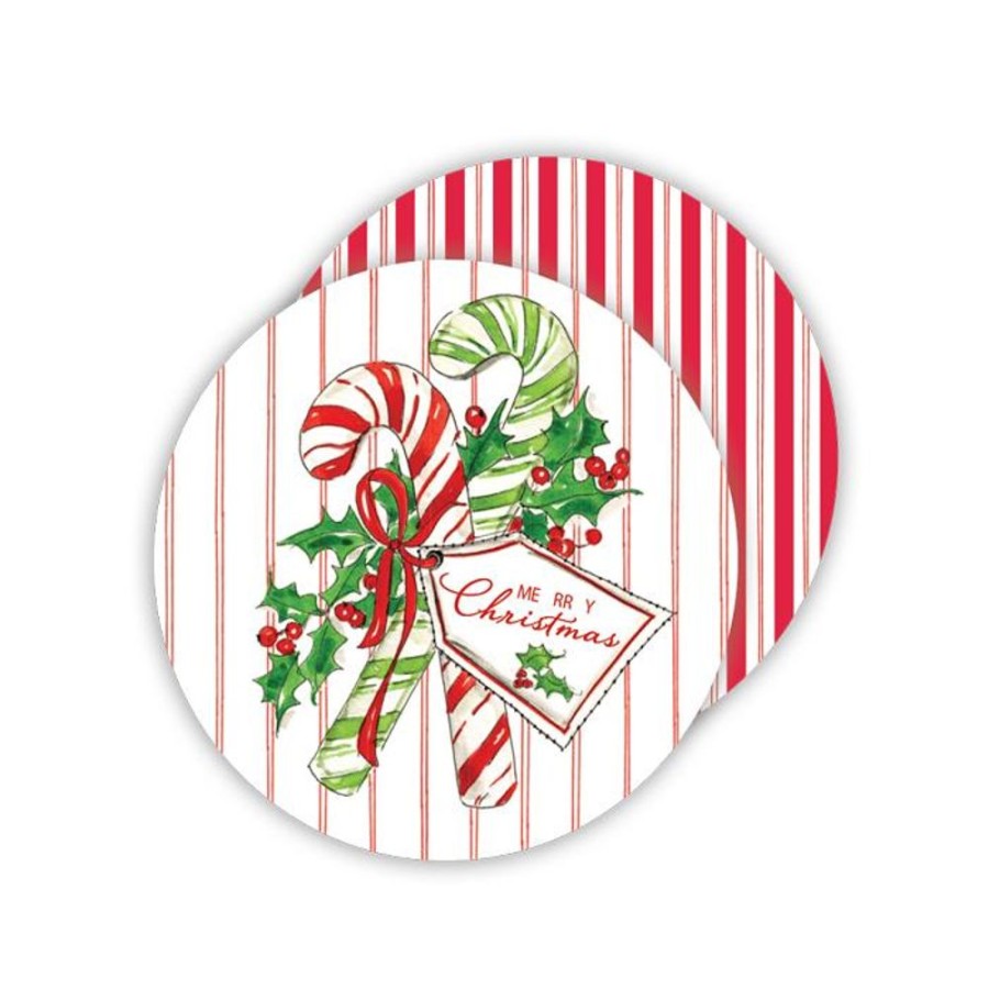 Seasonal Rosanne Beck | Handpainted Candy Canes With Holly/Candy Cane Stripe Paper Coasters