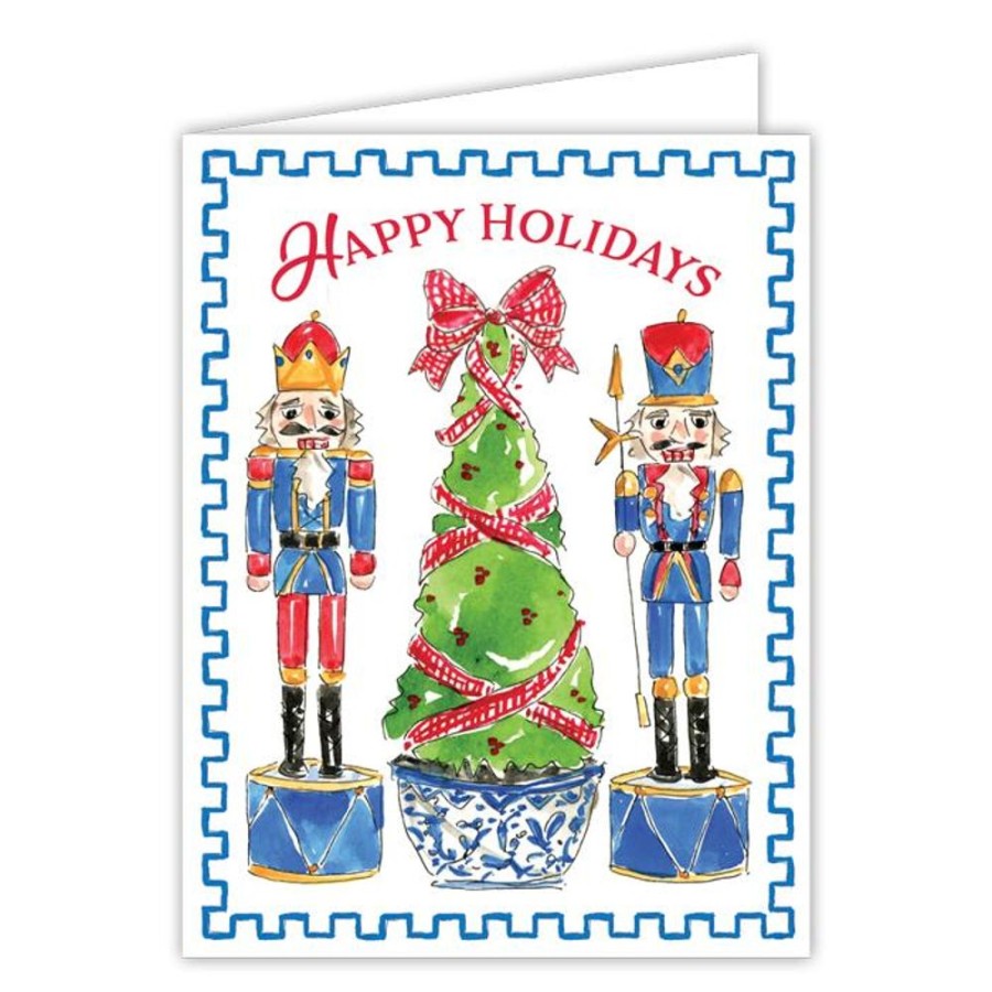 Invitations Rosanne Beck | Happy Holidays Handpainted Nutcracker Duo With Topiary Tree Greeting Card