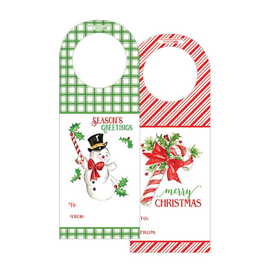 Invitations Rosanne Beck | Seasons Greetings Snowman Green Plaid Wine Tag