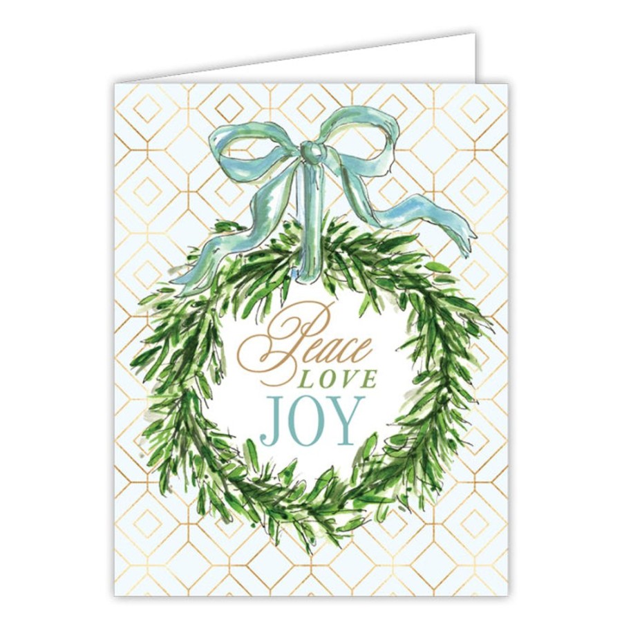 Invitations Rosanne Beck | Peace Love Joy Holiday Greenery Wreath Greeting Card