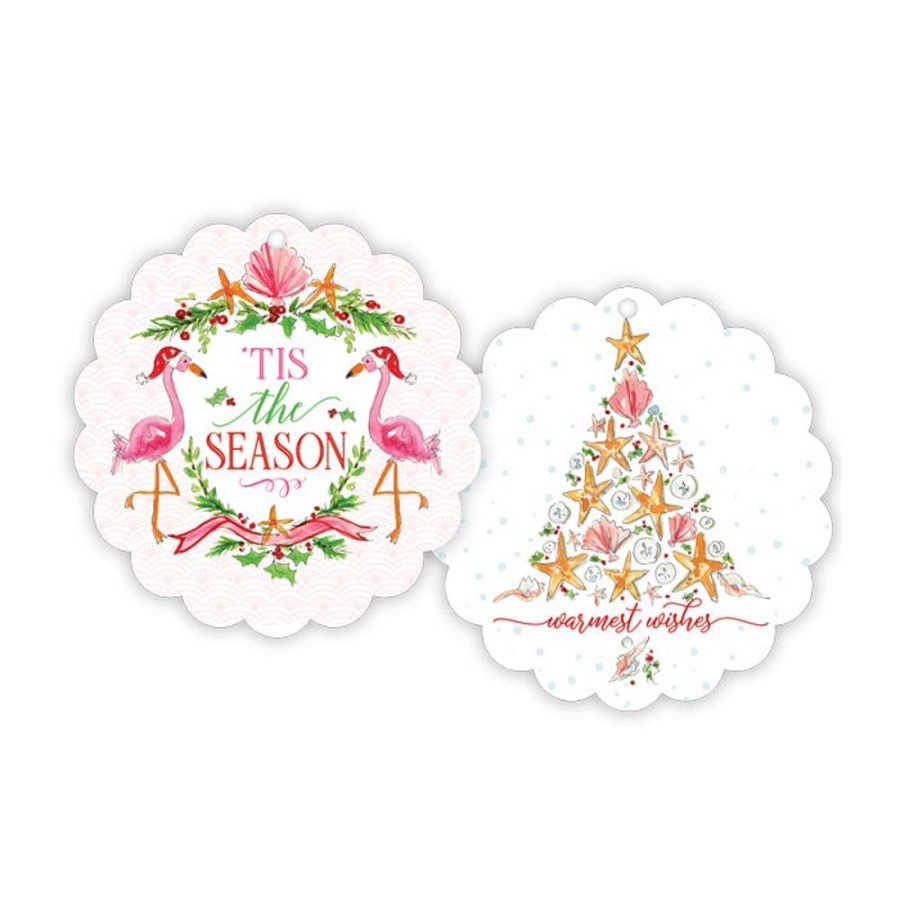 Seasonal Rosanne Beck | Tis The Season Flamingo Seashells Scalloped Gift Tag