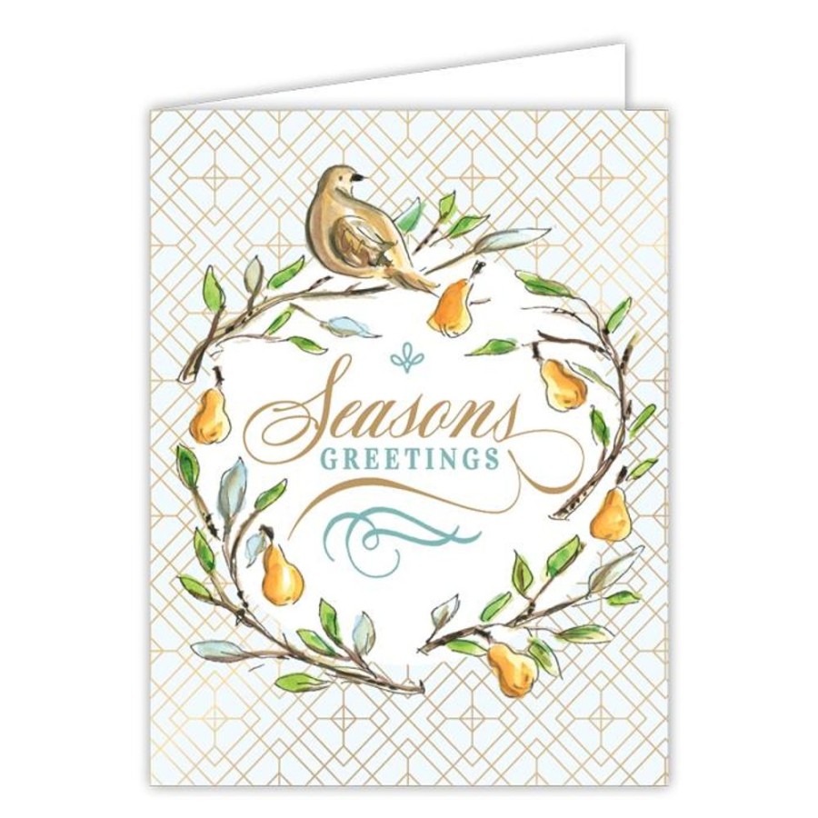 Invitations Rosanne Beck | Season'S Greetings Handpainted Turtle Dove And Pears Wreath Greeting Card