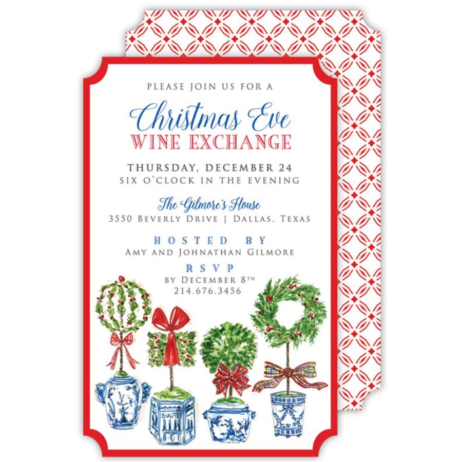 Invitations Rosanne Beck | Holiday Topiaries With Red Border Large Die-Cut Invitation