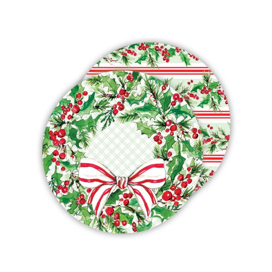 Seasonal Rosanne Beck | Holly Wreath With Bow Wine Tag