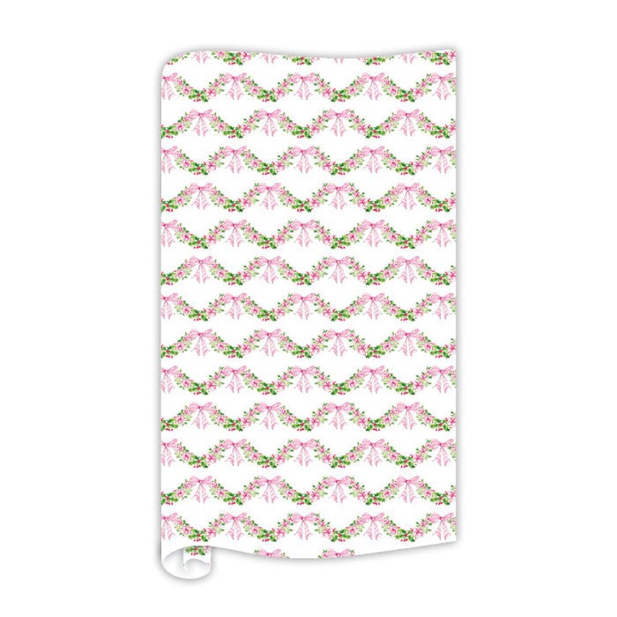 Seasonal Rosanne Beck | Pink Floral And Holly Swag Pattern Wrapping Paper