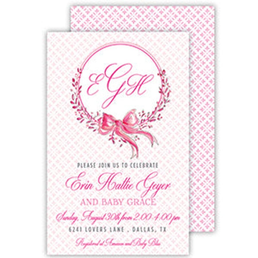 Invitations Rosanne Beck | Handpainted Pink Bow And Wreath Large Flat Invitation