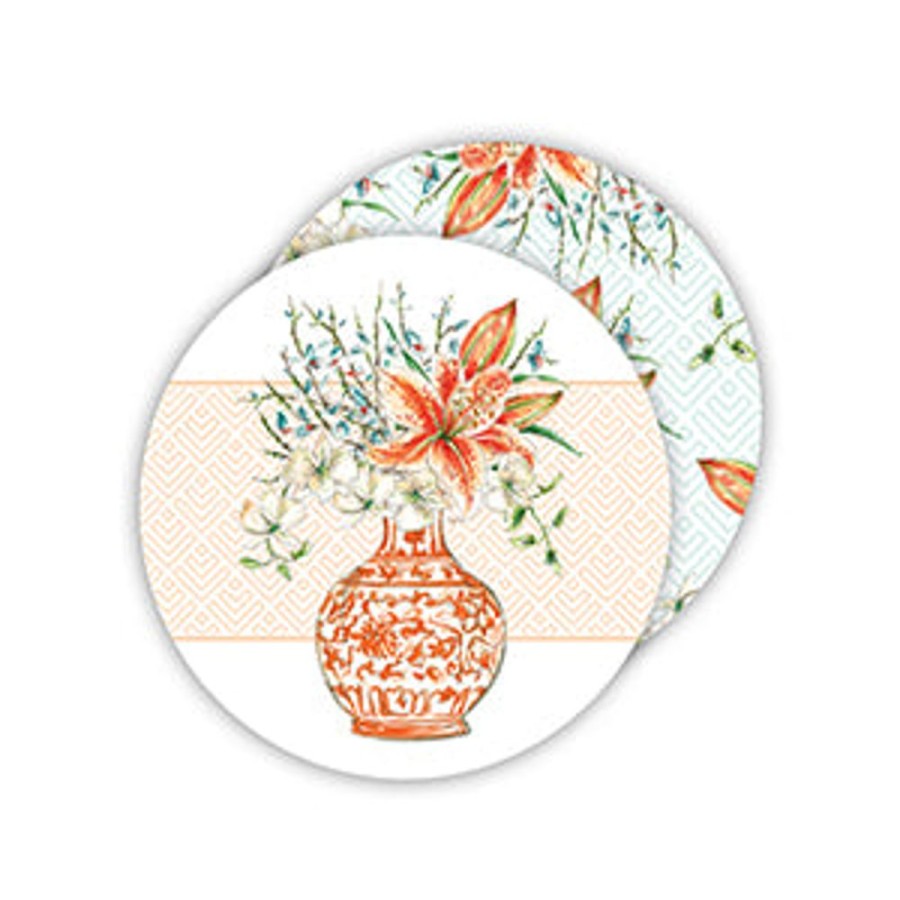 Home & Entertaining Rosanne Beck | Handpainted Floral Tangerine Chinoiserie Vase Paper Coasters