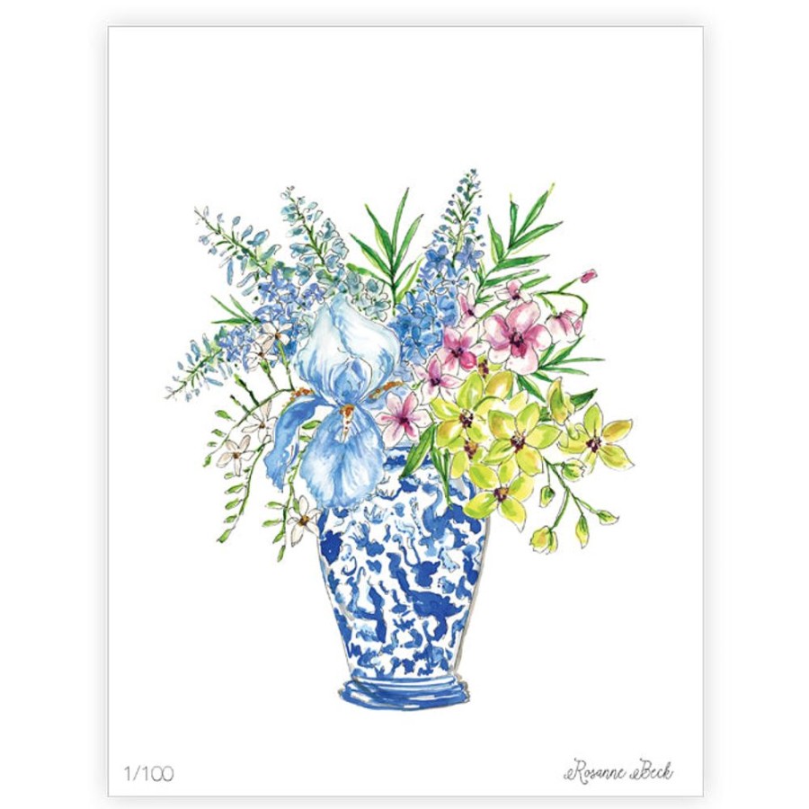 Home & Entertaining Rosanne Beck | Handpainted Floral Blue Chinoiserie Vase Art Print