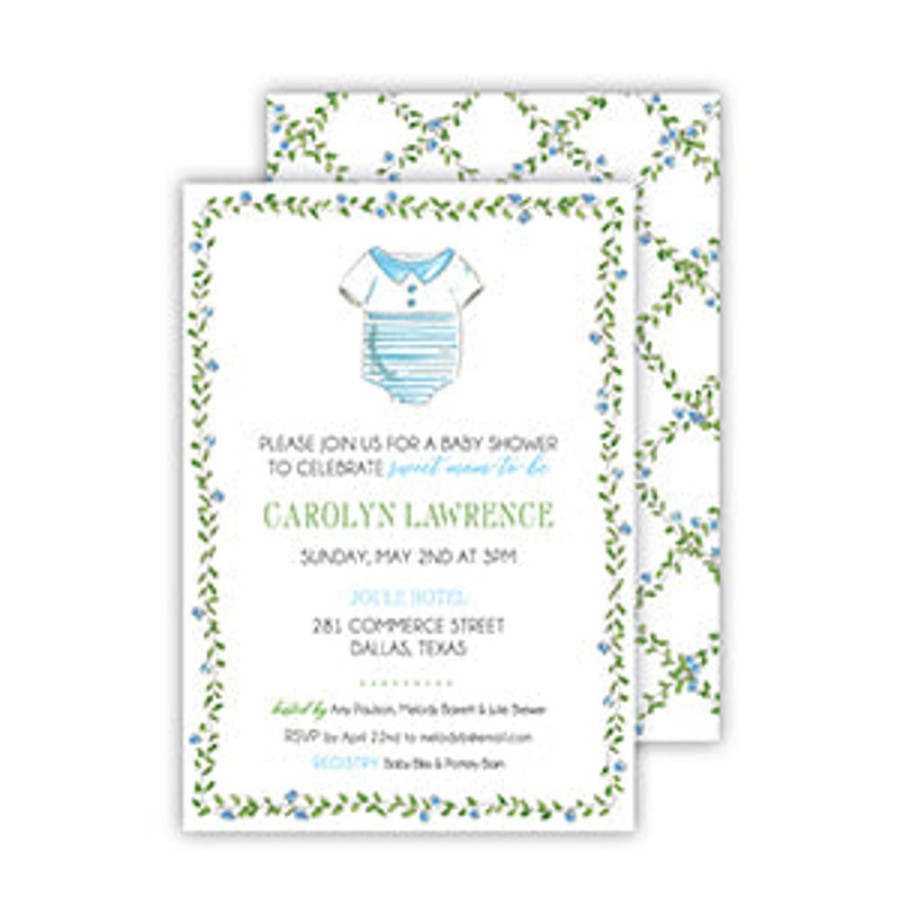 Invitations Rosanne Beck | Handpainted Onesie Blue, Greenery Border Medium Flat Invitation