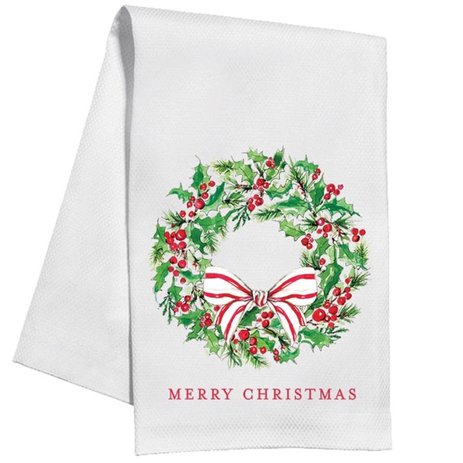 Home & Entertaining Rosanne Beck | Merry Christmas Holly Wreath With Bow Kitchen Towel