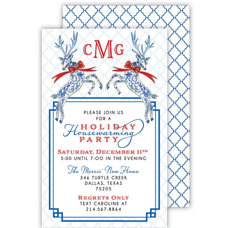 Seasonal Rosanne Beck | Blue Chinoiserie Reindeer Large Flat Invitation