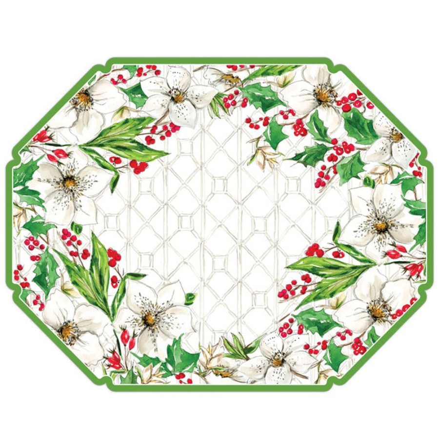 Home & Entertaining Rosanne Beck | White Pointsettias With Berries Posh Die-Cut Placemats