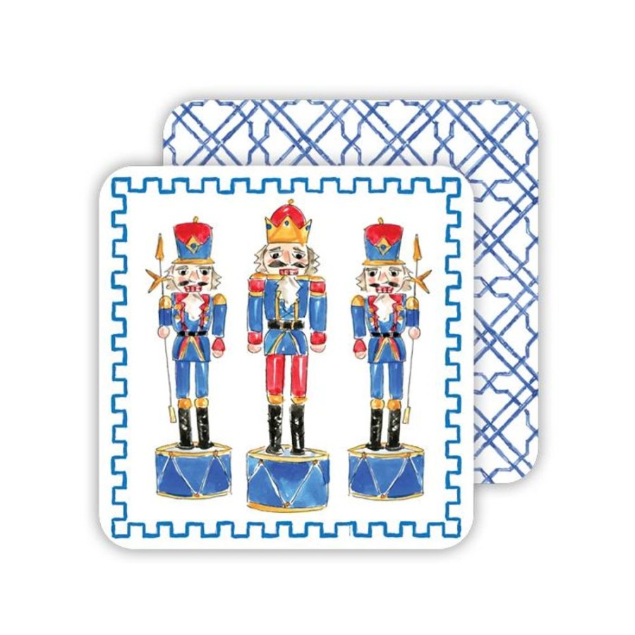 Seasonal Rosanne Beck | Handpainted Nutcracker Trio/Blue Cane Pattern Paper Coasters