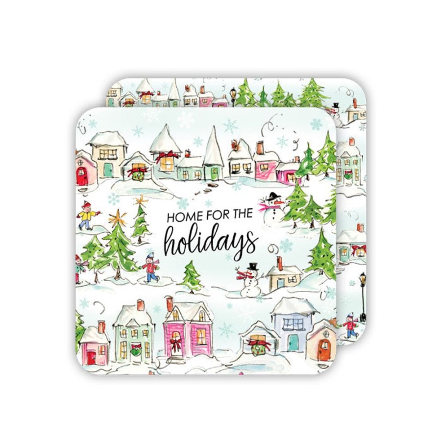 Seasonal Rosanne Beck | Pink Snowy Village Paper Coasters