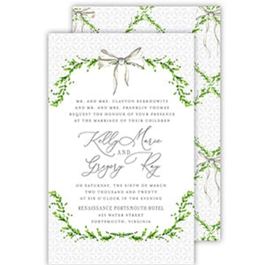 Invitations Rosanne Beck | Handpainted Greenery Wreath With Bow Large Flat Invitation