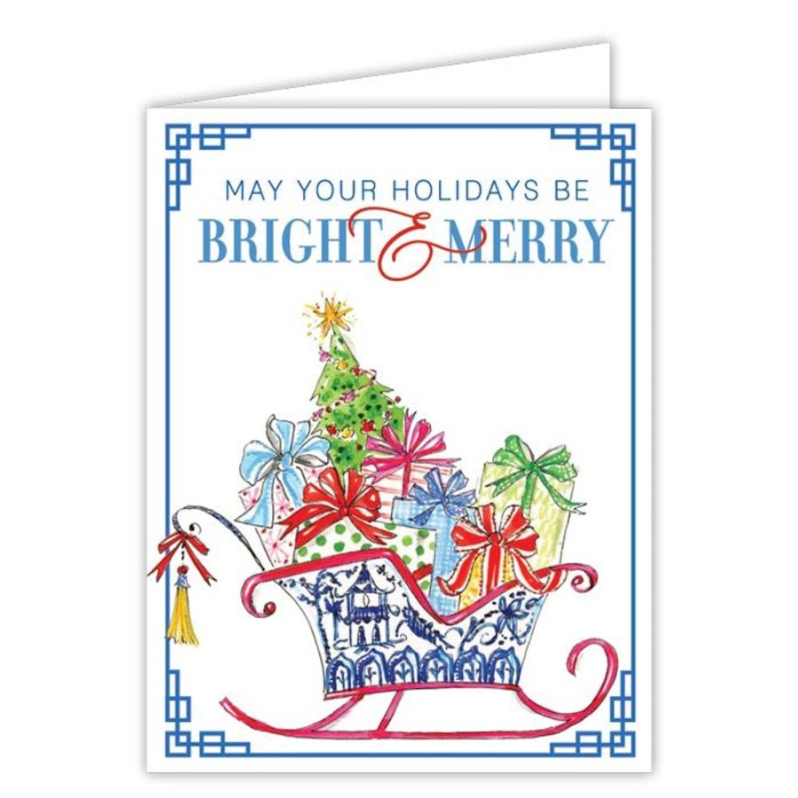 Seasonal Rosanne Beck | May Your Holidays Be Bright & Merry Handpainted Chinoiserie Sleigh Greeting Card