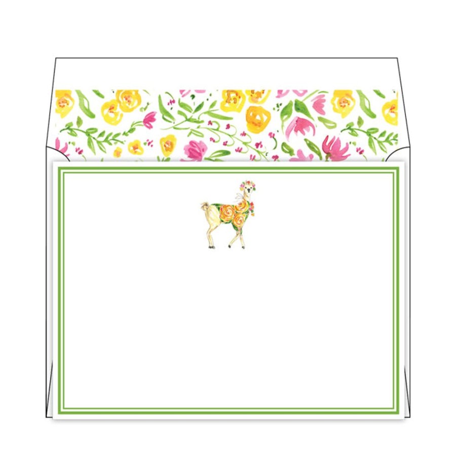 Notes & Pads Rosanne Beck | Green Floral Llama Flat Note Stationery