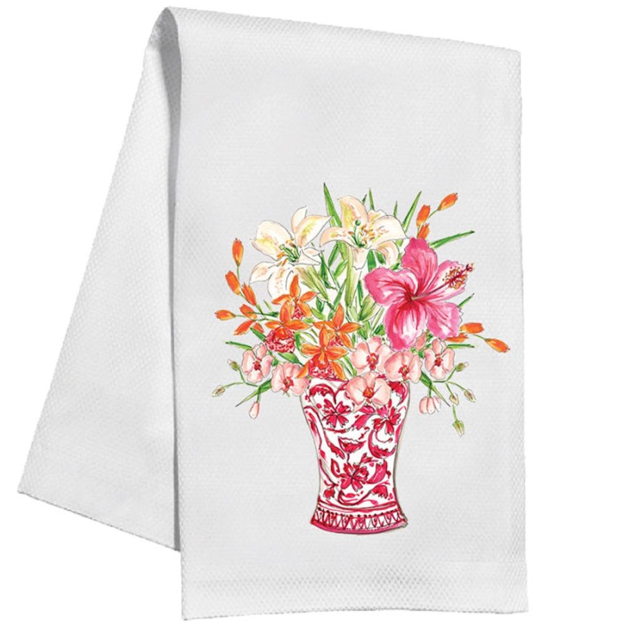 Home & Entertaining Rosanne Beck | Handpainted Floral Red Chinoiserie Vase Kitchen Towel