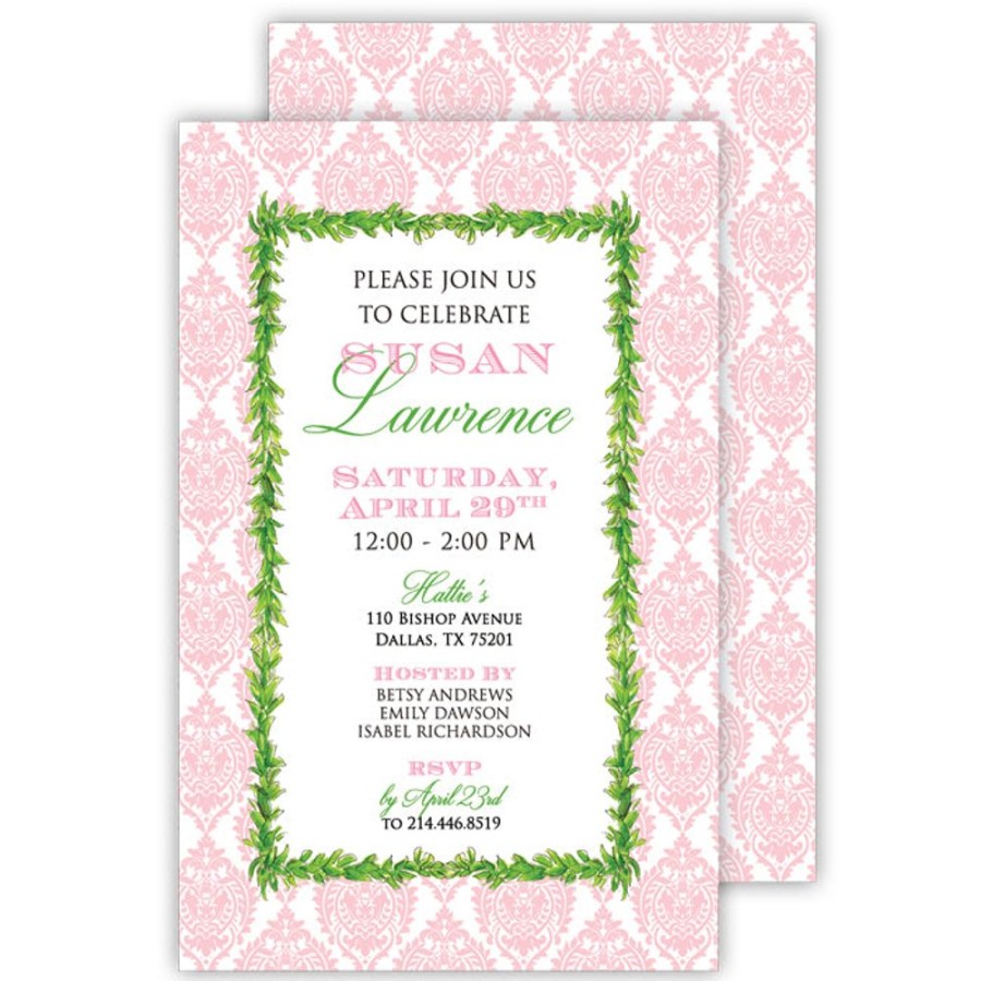 Invitations Rosanne Beck | Pink Damask With Greenery Large Flat Invitation